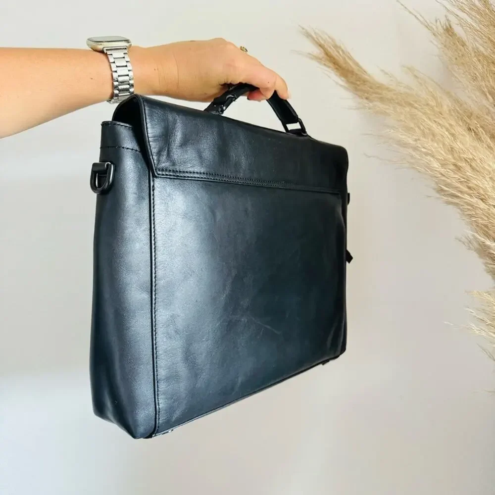 COLE HAAN Black Leather Warner Briefcase Travel Bag Zipper Pocket Laptop Case